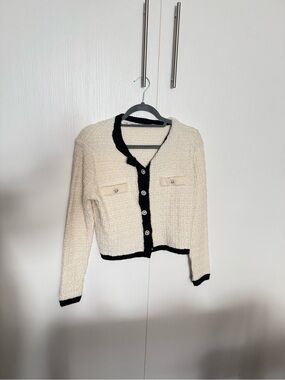 Mango Tweed Cream and Black Trim Women's Button Cardigan Jacket size medium